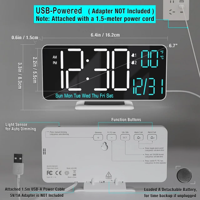 Alt view image 6 of 6 - Digital Alarm Clocks 6.7in Small Digital Clock for Bedroom,Auto Dimming,Dual Alarm, Date, Seconds, Day of Week, Indoor Temperature,Desk Clock for Classroom,LED Clocks for Living Room