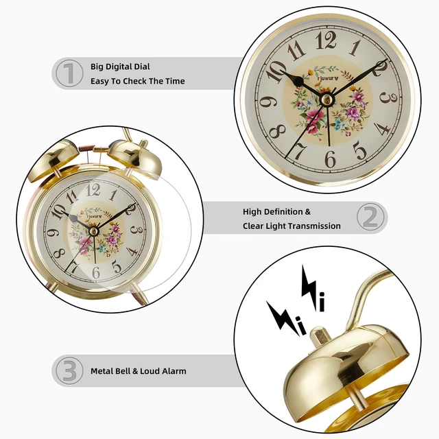 Alt view image 3 of 6 - 4" Loud Alarm Twin Bell Alarm Clock, Night Light, Desk Clock Table Alarm Clock Bedroom Alarm Clock(Golden Rural)