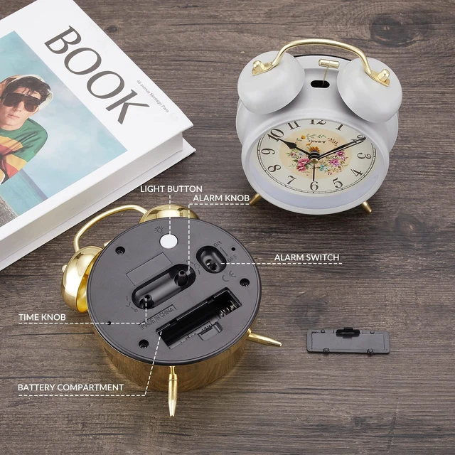 Alt view image 4 of 6 - 4" Loud Alarm Twin Bell Alarm Clock, Night Light, Desk Clock Table Alarm Clock Bedroom Alarm Clock(Golden Rural)