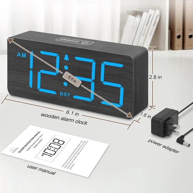 Alt view image 6 of 6 - Wooden Digital Alarm Clock for Bedroom with Large Numbers | Desk Clocks for Living Room, Dimmer, Loud Alarm for Heavy Sleepers with Volume Control, DST, Office Wood Decor (Plug-in)