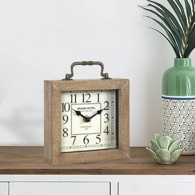Alt view image 7 of 7 - Retro Desk Clock, Vintage Wooden Table Clock, Wood Color | Mantel Clock, Living Room Bedroom Shelf Decoration, Farmhouse Decor