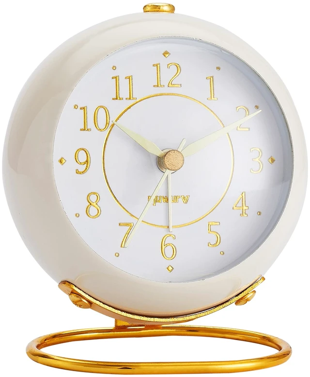 Main image of Metal Desk Clock, Retro Bedroom Table Vintage Analog Alarm Clock, Silent Non-Ticking Gold Clock, Bedside Décor(Milk White)