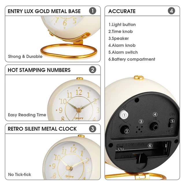 Alt view image 3 of 6 - Metal Desk Clock, Retro Bedroom Table Vintage Analog Alarm Clock, Silent Non-Ticking Gold Clock, Bedside Décor(Milk White)