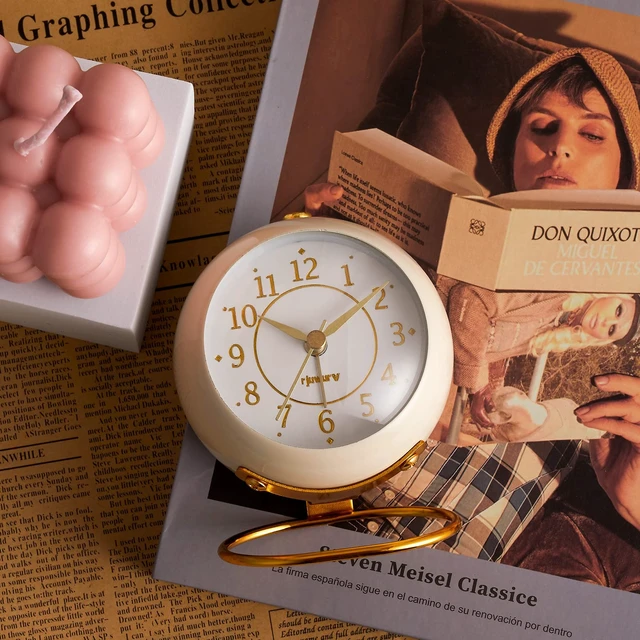 Alt view image 2 of 6 - Metal Desk Clock, Retro Bedroom Table Vintage Analog Alarm Clock, Silent Non-Ticking Gold Clock, Bedside Décor(Milk White)