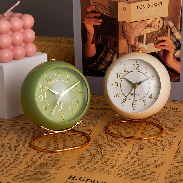 Alt view image 4 of 6 - Metal Desk Clock, Retro Bedroom Table Vintage Analog Alarm Clock, Silent Non-Ticking Gold Clock, Bedside Décor(Milk White)