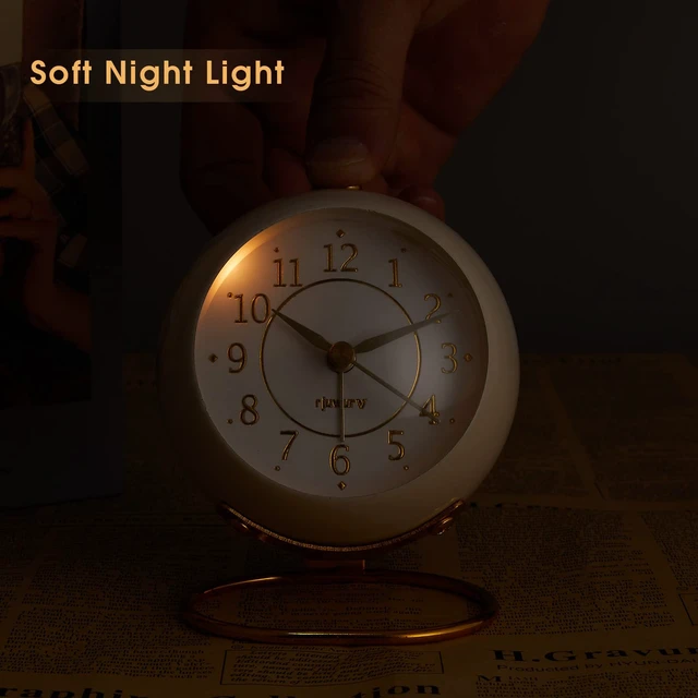 Alt view image 5 of 6 - Metal Desk Clock, Retro Bedroom Table Vintage Analog Alarm Clock, Silent Non-Ticking Gold Clock, Bedside Décor(Milk White)