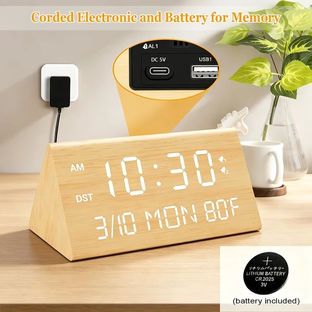 Alt view image 2 of 7 - Premium Wooden Digital Alarm Clock with USB Charging Ports, LED Display, Date, Day of Week, Temperature, DST, Clocks for Bedrooms, Desk, Nightstand, Bedside, Table, Office, Living Room Decor