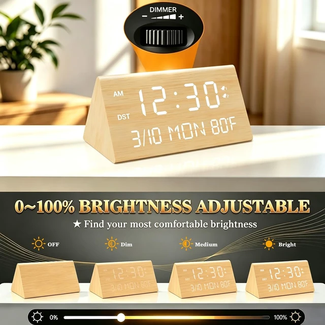 Alt view image 4 of 7 - Premium Wooden Digital Alarm Clock with USB Charging Ports, LED Display, Date, Day of Week, Temperature, DST, Clocks for Bedrooms, Desk, Nightstand, Bedside, Table, Office, Living Room Decor