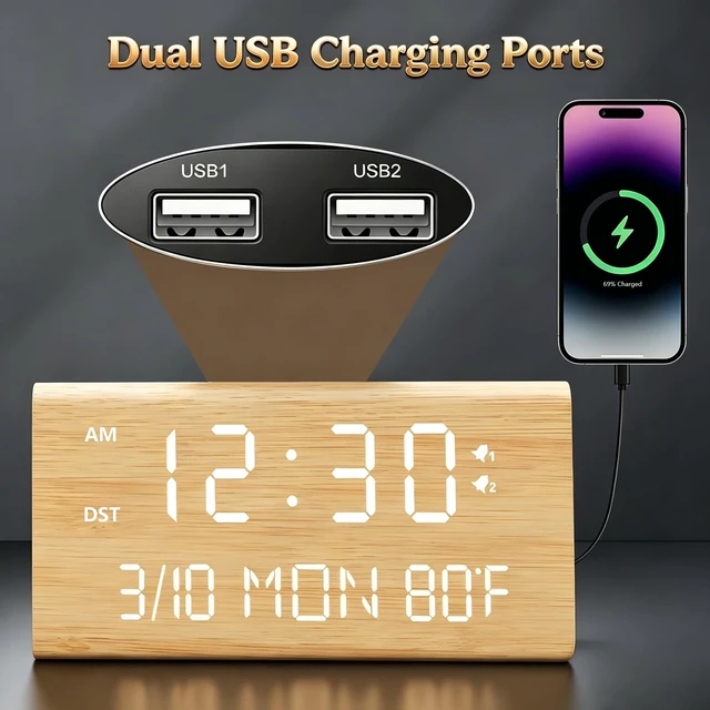 Alt view image 3 of 7 - Premium Wooden Digital Alarm Clock with USB Charging Ports, LED Display, Date, Day of Week, Temperature, DST, Clocks for Bedrooms, Desk, Nightstand, Bedside, Table, Office, Living Room Decor