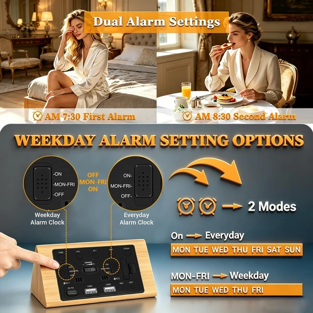 Alt view image 6 of 7 - Premium Wooden Digital Alarm Clock with USB Charging Ports, LED Display, Date, Day of Week, Temperature, DST, Clocks for Bedrooms, Desk, Nightstand, Bedside, Table, Office, Living Room Decor