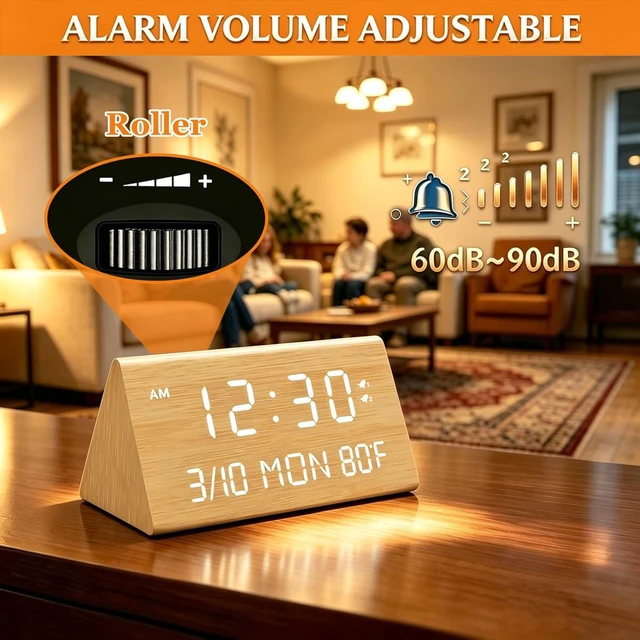 Alt view image 5 of 7 - Premium Wooden Digital Alarm Clock with USB Charging Ports, LED Display, Date, Day of Week, Temperature, DST, Clocks for Bedrooms, Desk, Nightstand, Bedside, Table, Office, Living Room Decor