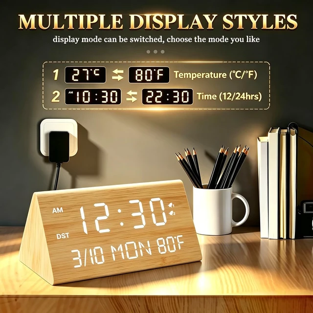 Alt view image 7 of 7 - Premium Wooden Digital Alarm Clock with USB Charging Ports, LED Display, Date, Day of Week, Temperature, DST, Clocks for Bedrooms, Desk, Nightstand, Bedside, Table, Office, Living Room Decor