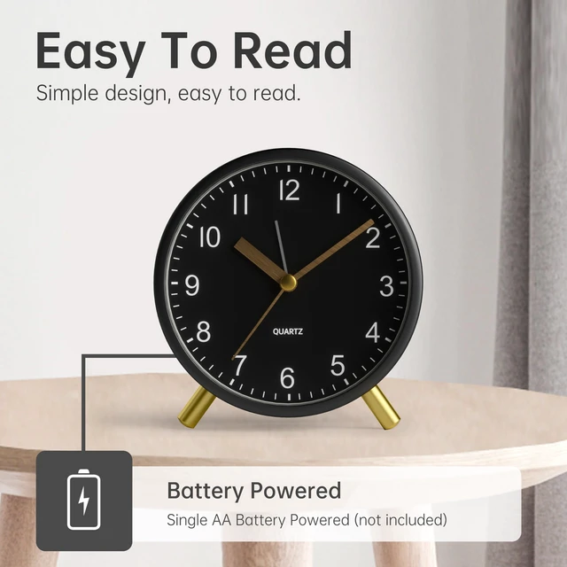 Alt view image 3 of 7 - Analog Alarm Clock, 4 inch Super Silent Non Ticking Small Clock with Night Light, Battery Operated, Simple Design, Easy Setting for Office, Bedroom, Bedside, Desk, Teens, Elders, Adult, Black