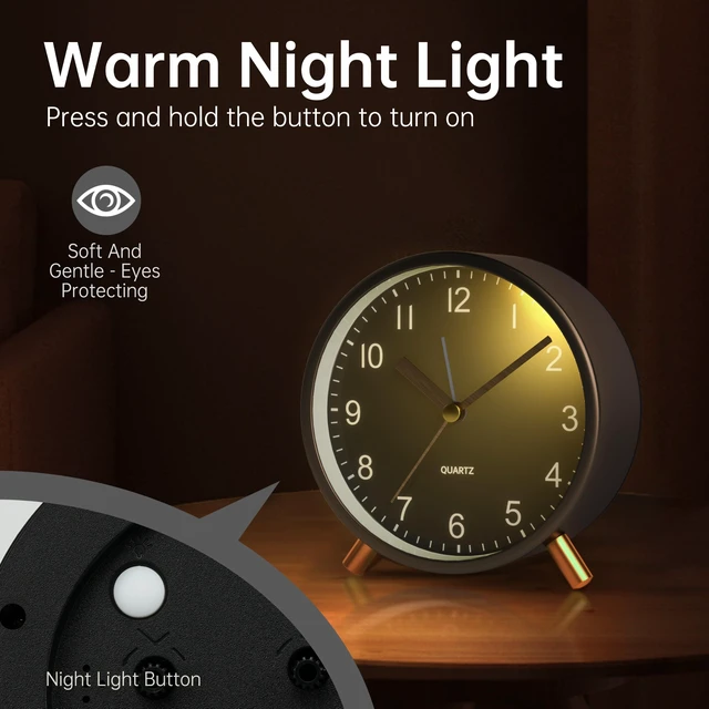 Alt view image 4 of 7 - Analog Alarm Clock, 4 inch Super Silent Non Ticking Small Clock with Night Light, Battery Operated, Simple Design, Easy Setting for Office, Bedroom, Bedside, Desk, Teens, Elders, Adult, Black
