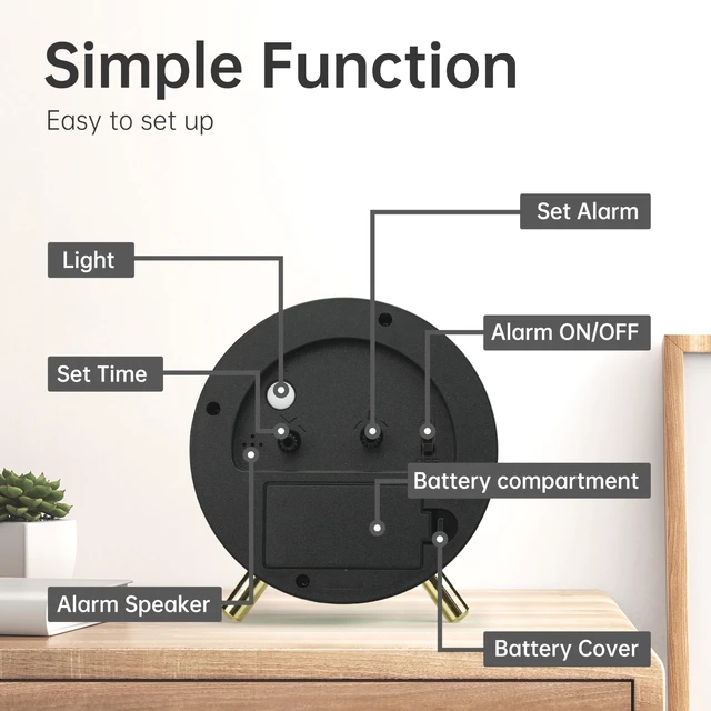 Alt view image 6 of 7 - Analog Alarm Clock, 4 inch Super Silent Non Ticking Small Clock with Night Light, Battery Operated, Simple Design, Easy Setting for Office, Bedroom, Bedside, Desk, Teens, Elders, Adult, Black
