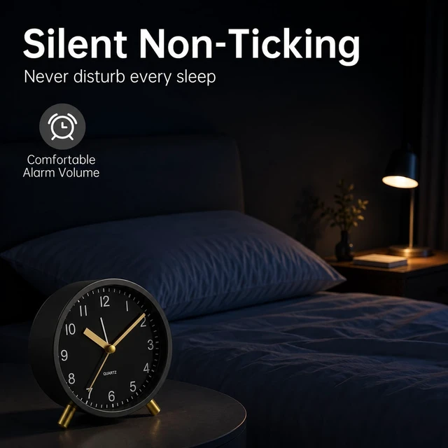 Alt view image 2 of 7 - Analog Alarm Clock, 4 inch Super Silent Non Ticking Small Clock with Night Light, Battery Operated, Simple Design, Easy Setting for Office, Bedroom, Bedside, Desk, Teens, Elders, Adult, Black
