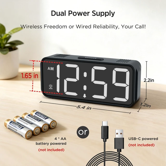 Alt view image 3 of 7 - Battery Operated Digital Alarm Clock, Small Cordless, Auto Dimming | 5 Brightness Bedroom Beside Clock Large 1.65" Display, Compact, 5 Volume, Easy to Use for Teens Seniors, Portable for Travel