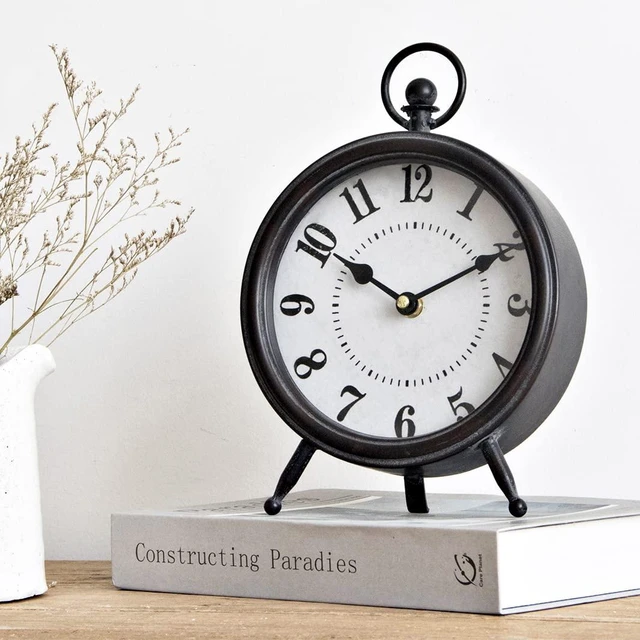 Main image of Vintage Black Table Clock on Stand, Decorative Desk and Shelf Clock, Rustic Mantel Clock Farmhouse Clock Non-Ticking