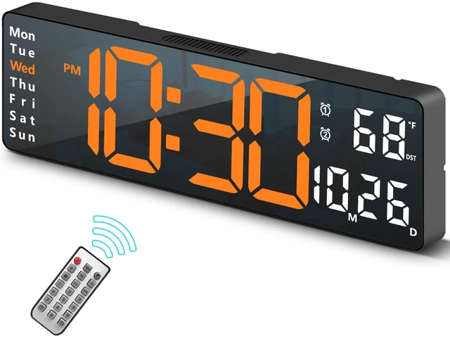 Main image of Digital Wall Clock for Living Room Decor, Desk Alarm Clock for Bedroom, Large Wall Clock with Remote Control, Automatic Brightness Dimmer LED Clock with Date Temperature Week (Orange-B)