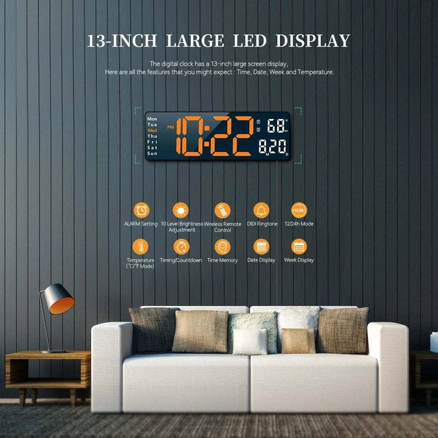 Alt view image 2 of 7 - Digital Wall Clock for Living Room Decor, Desk Alarm Clock for Bedroom, Large Wall Clock with Remote Control, Automatic Brightness Dimmer LED Clock with Date Temperature Week (Orange-B)