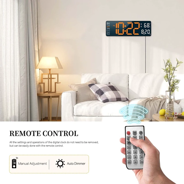 Alt view image 4 of 7 - Digital Wall Clock for Living Room Decor, Desk Alarm Clock for Bedroom, Large Wall Clock with Remote Control, Automatic Brightness Dimmer LED Clock with Date Temperature Week (Orange-B)