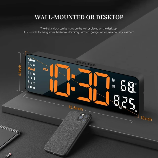 Alt view image 3 of 7 - Digital Wall Clock for Living Room Decor, Desk Alarm Clock for Bedroom, Large Wall Clock with Remote Control, Automatic Brightness Dimmer LED Clock with Date Temperature Week (Orange-B)