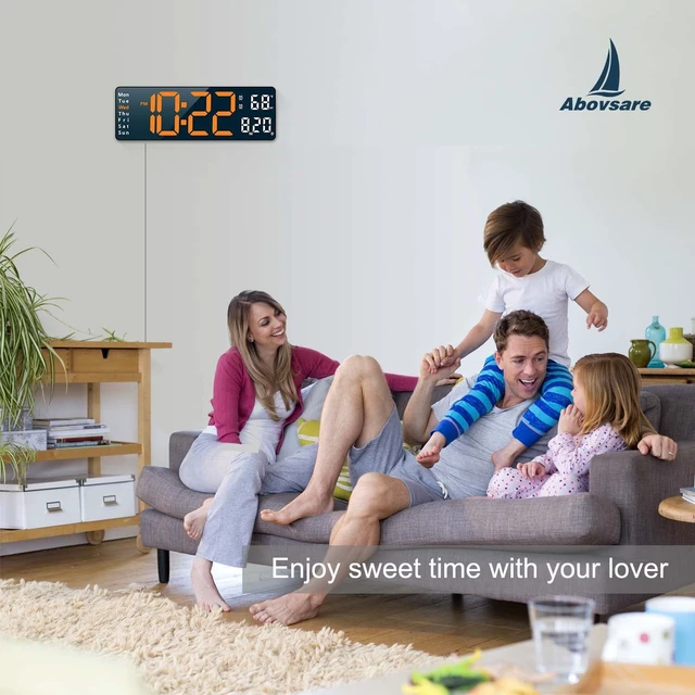 Alt view image 5 of 7 - Digital Wall Clock for Living Room Decor, Desk Alarm Clock for Bedroom, Large Wall Clock with Remote Control, Automatic Brightness Dimmer LED Clock with Date Temperature Week (Orange-B)