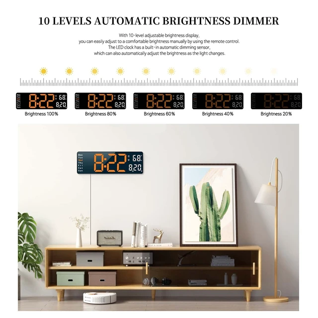 Alt view image 6 of 7 - Digital Wall Clock for Living Room Decor, Desk Alarm Clock for Bedroom, Large Wall Clock with Remote Control, Automatic Brightness Dimmer LED Clock with Date Temperature Week (Orange-B)