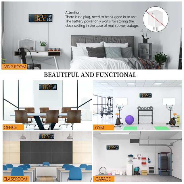 Alt view image 7 of 7 - Digital Wall Clock for Living Room Decor, Desk Alarm Clock for Bedroom, Large Wall Clock with Remote Control, Automatic Brightness Dimmer LED Clock with Date Temperature Week (Orange-B)