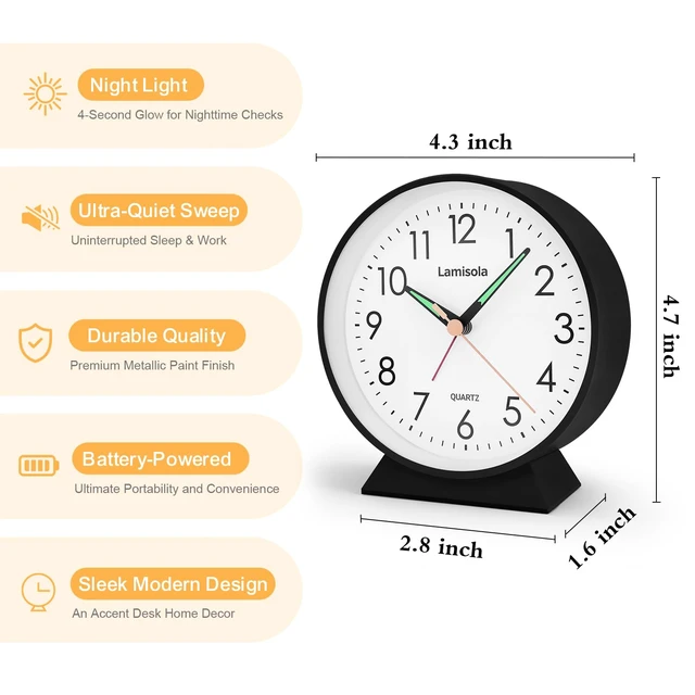 Alt view image 2 of 7 - 4.5 Inch Small Desk Clock Battery Analog Alarm Clock for Bedroom, Black | Snooze Night Light Silent Retro Metal Travel Table Clock for Bedside Nightstand Shelf Vanity Office Bathroom Kids Teens