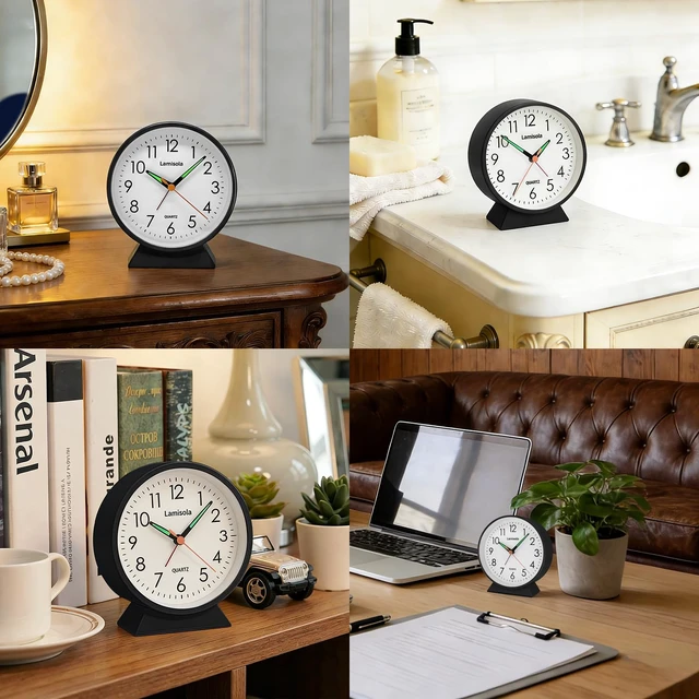 Alt view image 3 of 7 - 4.5 Inch Small Desk Clock Battery Analog Alarm Clock for Bedroom, Black | Snooze Night Light Silent Retro Metal Travel Table Clock for Bedside Nightstand Shelf Vanity Office Bathroom Kids Teens