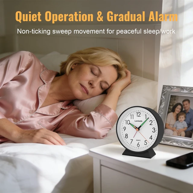 Alt view image 4 of 7 - 4.5 Inch Small Desk Clock Battery Analog Alarm Clock for Bedroom, Black | Snooze Night Light Silent Retro Metal Travel Table Clock for Bedside Nightstand Shelf Vanity Office Bathroom Kids Teens