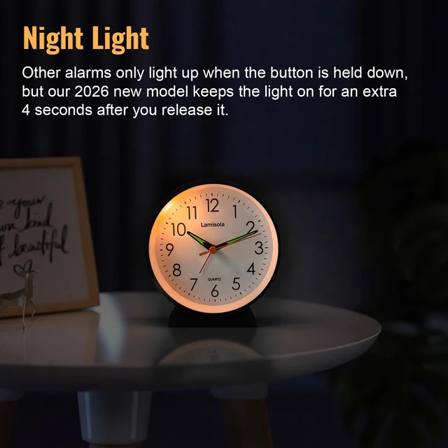 Alt view image 5 of 7 - 4.5 Inch Small Desk Clock Battery Analog Alarm Clock for Bedroom, Black | Snooze Night Light Silent Retro Metal Travel Table Clock for Bedside Nightstand Shelf Vanity Office Bathroom Kids Teens
