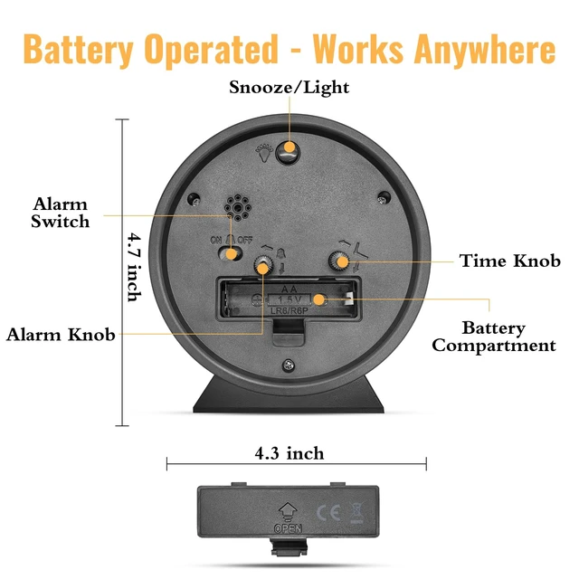 Alt view image 6 of 7 - 4.5 Inch Small Desk Clock Battery Analog Alarm Clock for Bedroom, Black | Snooze Night Light Silent Retro Metal Travel Table Clock for Bedside Nightstand Shelf Vanity Office Bathroom Kids Teens