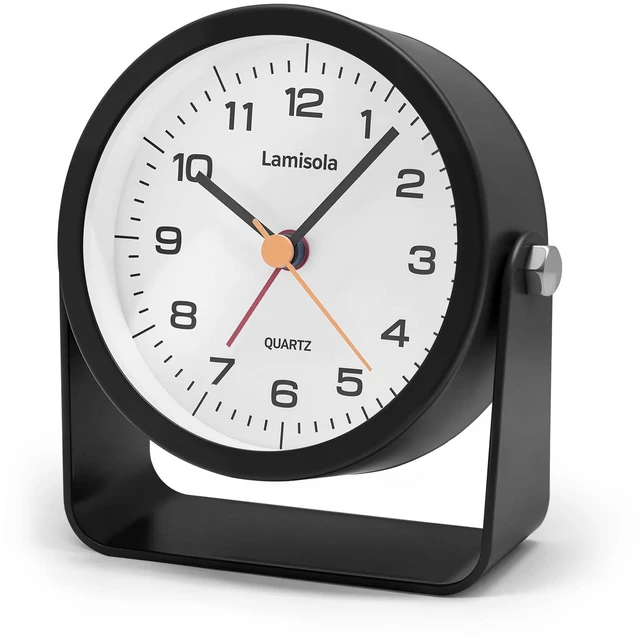 Main image of 3.5 Inch Small Desk Battery Clock, Black Alarm Clock for Bedroom | Travel Clock for Bathroom Table Shelf Bedside, Cute Metal Vintage Silent Night Light Snooze for Kids Seniors