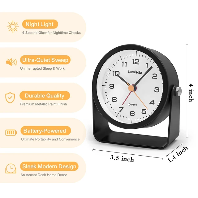 Alt view image 2 of 7 - 3.5 Inch Small Desk Battery Clock, Black Alarm Clock for Bedroom | Travel Clock for Bathroom Table Shelf Bedside, Cute Metal Vintage Silent Night Light Snooze for Kids Seniors
