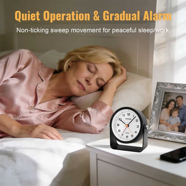 Alt view image 4 of 7 - 3.5 Inch Small Desk Battery Clock, Black Alarm Clock for Bedroom | Travel Clock for Bathroom Table Shelf Bedside, Cute Metal Vintage Silent Night Light Snooze for Kids Seniors
