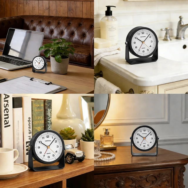 Alt view image 5 of 7 - 3.5 Inch Small Desk Battery Clock, Black Alarm Clock for Bedroom | Travel Clock for Bathroom Table Shelf Bedside, Cute Metal Vintage Silent Night Light Snooze for Kids Seniors