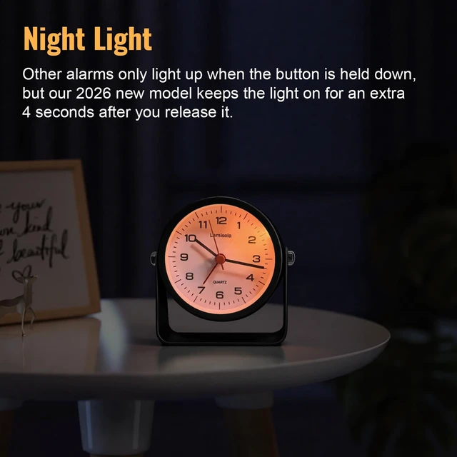 Alt view image 6 of 7 - 3.5 Inch Small Desk Battery Clock, Black Alarm Clock for Bedroom | Travel Clock for Bathroom Table Shelf Bedside, Cute Metal Vintage Silent Night Light Snooze for Kids Seniors