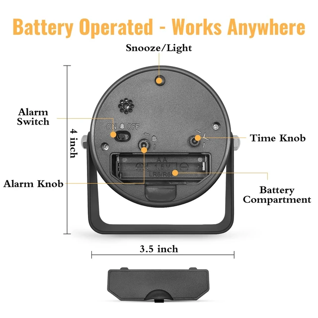 Alt view image 7 of 7 - 3.5 Inch Small Desk Battery Clock, Black Alarm Clock for Bedroom | Travel Clock for Bathroom Table Shelf Bedside, Cute Metal Vintage Silent Night Light Snooze for Kids Seniors