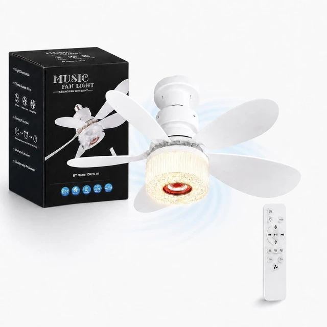 Main image of Socket Fan Light with Remote, Music Ceiling Fan with Bluetooth Speaker, 9 Color RGB Lights, 3000-6500K, 3 Fan Speeds, Timer, Small Ceiling Fans for BedroomLiving Room, E26/E27 Base (White)