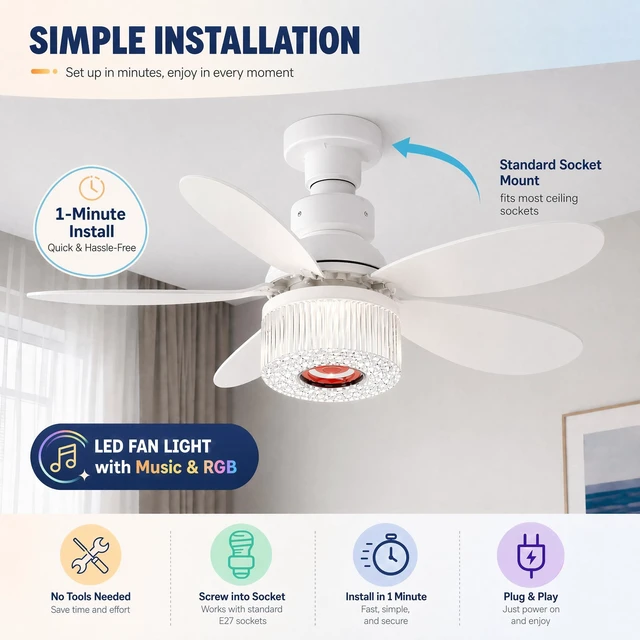 Alt view image 2 of 7 - Socket Fan Light with Remote, Music Ceiling Fan with Bluetooth Speaker, 9 Color RGB Lights, 3000-6500K, 3 Fan Speeds, Timer, Small Ceiling Fans for BedroomLiving Room, E26/E27 Base (White)
