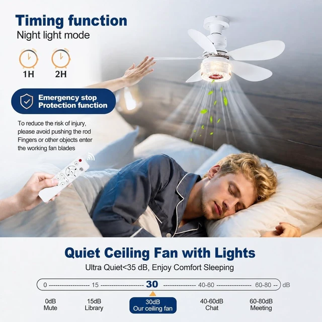 Alt view image 4 of 7 - Socket Fan Light with Remote, Music Ceiling Fan with Bluetooth Speaker, 9 Color RGB Lights, 3000-6500K, 3 Fan Speeds, Timer, Small Ceiling Fans for BedroomLiving Room, E26/E27 Base (White)