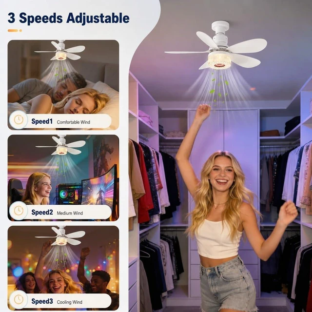 Alt view image 5 of 7 - Socket Fan Light with Remote, Music Ceiling Fan with Bluetooth Speaker, 9 Color RGB Lights, 3000-6500K, 3 Fan Speeds, Timer, Small Ceiling Fans for BedroomLiving Room, E26/E27 Base (White)