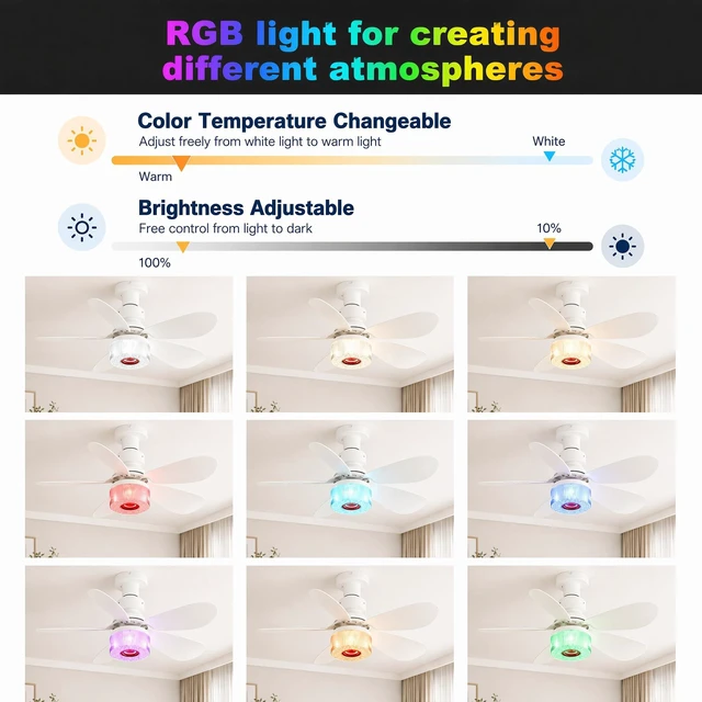 Alt view image 3 of 7 - Socket Fan Light with Remote, Music Ceiling Fan with Bluetooth Speaker, 9 Color RGB Lights, 3000-6500K, 3 Fan Speeds, Timer, Small Ceiling Fans for BedroomLiving Room, E26/E27 Base (White)