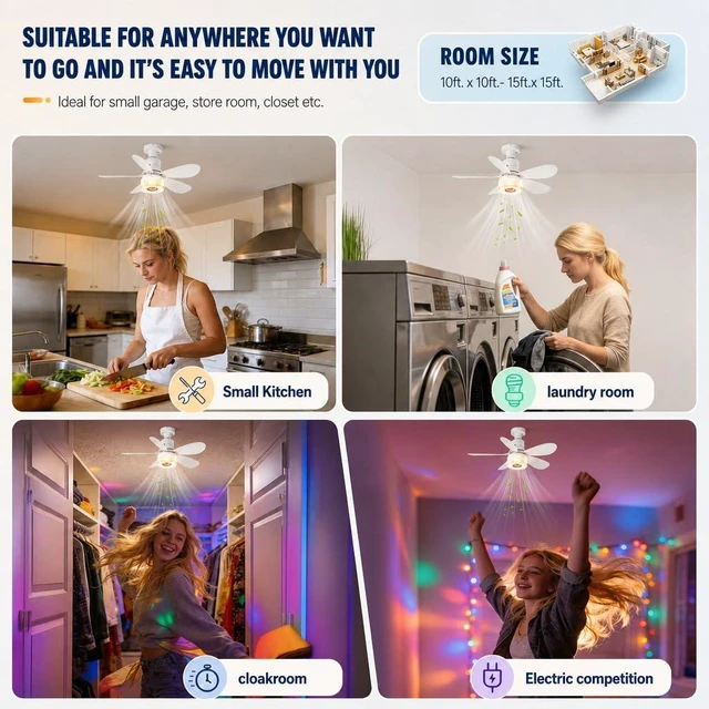 Alt view image 7 of 7 - Socket Fan Light with Remote, Music Ceiling Fan with Bluetooth Speaker, 9 Color RGB Lights, 3000-6500K, 3 Fan Speeds, Timer, Small Ceiling Fans for BedroomLiving Room, E26/E27 Base (White)