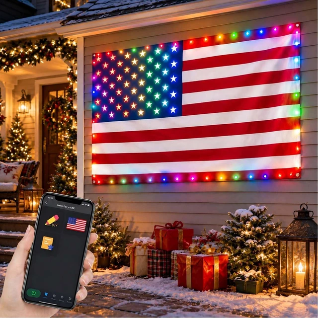Main image of Smart Lighted American Flag 3x5 FT, App Control RGB LED Wall Decor, 82 RGB LEDs, Music Sync, Timer, DIY Colors for Christmas, Veterans Day, Labor Day and Year-Round Patriotic Decor (USB, 1 Side)