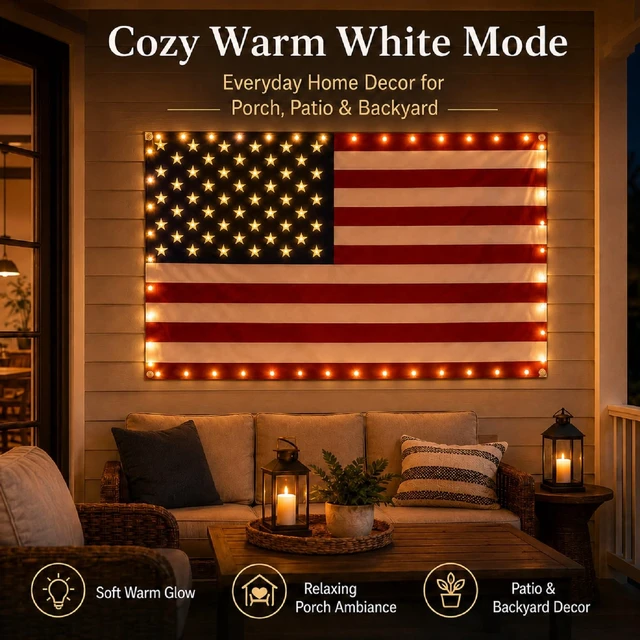 Alt view image 3 of 7 - Smart Lighted American Flag 3x5 FT, App Control RGB LED Wall Decor, 82 RGB LEDs, Music Sync, Timer, DIY Colors for Christmas, Veterans Day, Labor Day and Year-Round Patriotic Decor (USB, 1 Side)