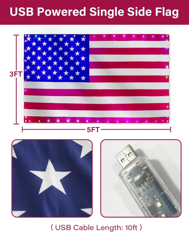 Alt view image 6 of 7 - Smart Lighted American Flag 3x5 FT, App Control RGB LED Wall Decor, 82 RGB LEDs, Music Sync, Timer, DIY Colors for Christmas, Veterans Day, Labor Day and Year-Round Patriotic Decor (USB, 1 Side)