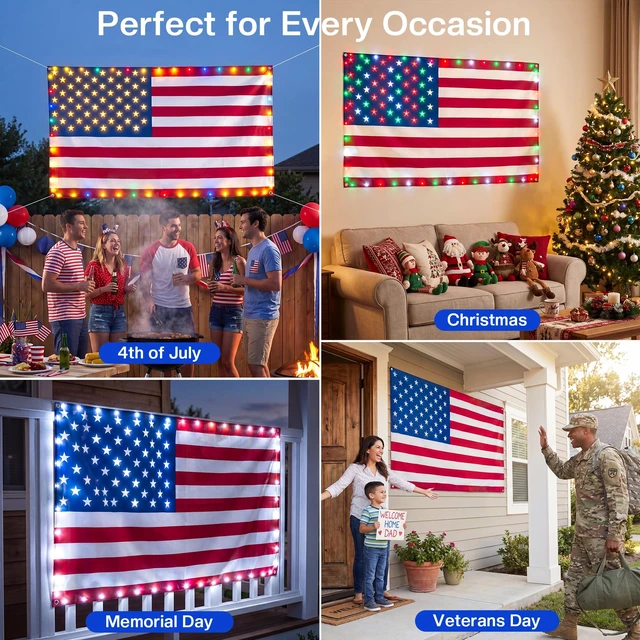 Alt view image 7 of 7 - Smart Lighted American Flag 3x5 FT, App Control RGB LED Wall Decor, 82 RGB LEDs, Music Sync, Timer, DIY Colors for Christmas, Veterans Day, Labor Day and Year-Round Patriotic Decor (USB, 1 Side)